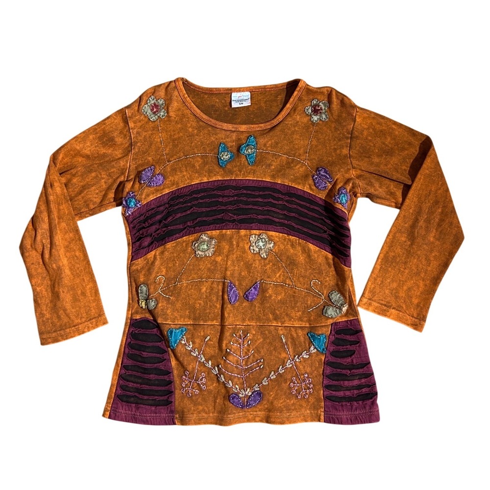 Vtg Orange Acid Wash Embroidered‎ Patchwork Top Nepal S/M boho dopamine mushroom